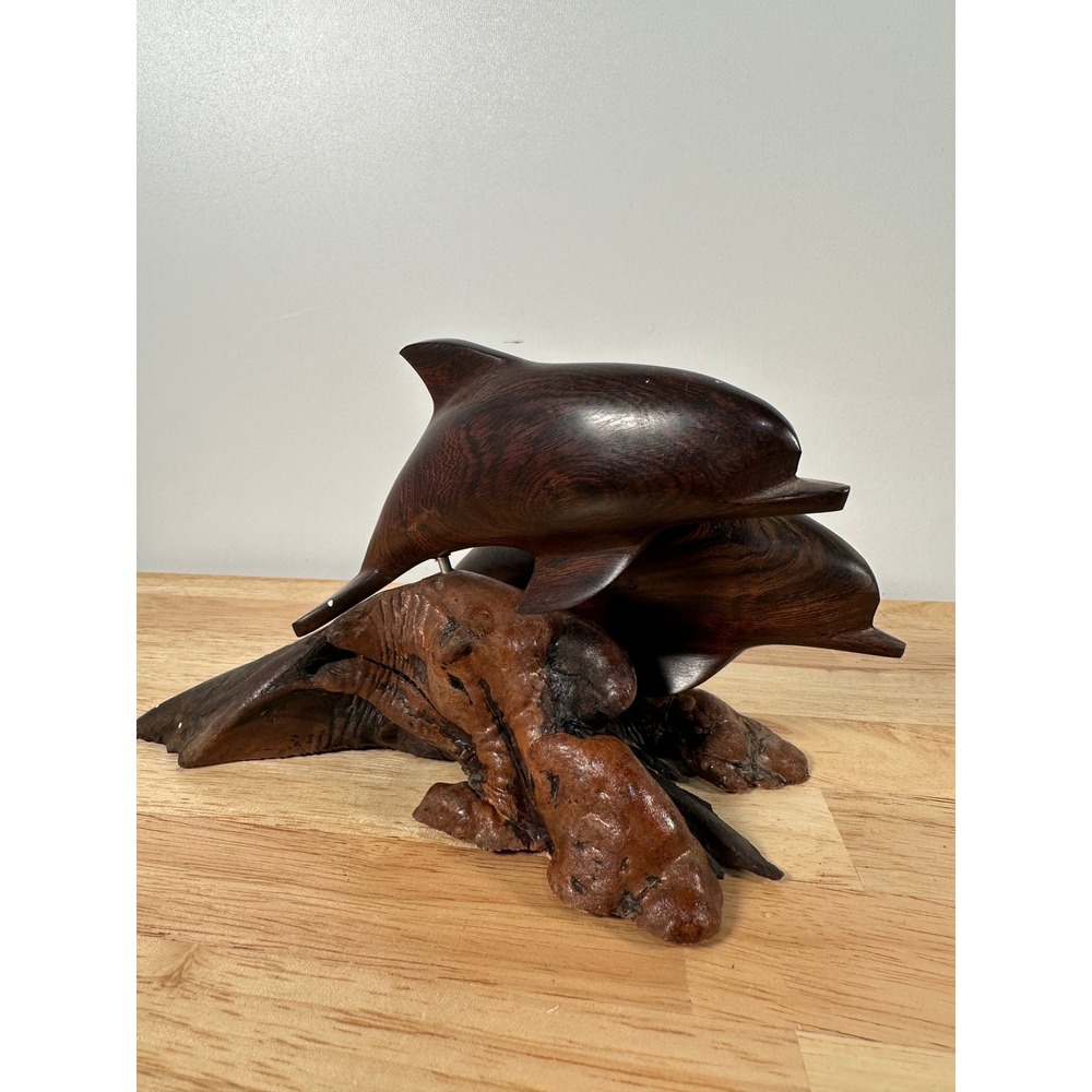 Vintage‎ Hand Carved Ironwood 2 Dolphins Sculpture Burl Wood Base Natural Decor